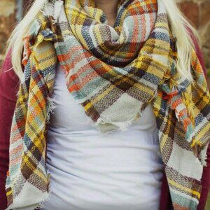Oversized Blanket Scarf Plaid Wrap Shawl Fringe Frayed Trim Ends 54" x 54"